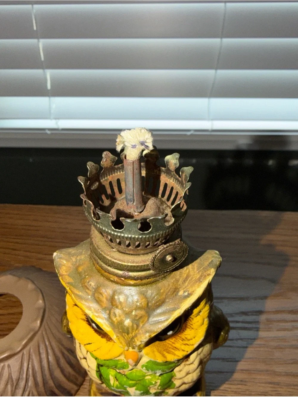 Vintage Owl Oil Lamp - Yellow & Brown Ceramic